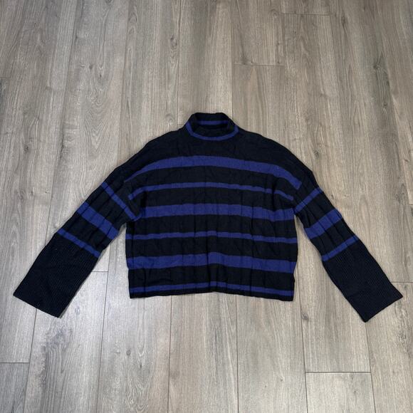 Madewell Ribbed Cashmere-Wool Blend Pullover Sweater Sz M Cobalt Stripe Mockneck - Picture 2 of 7